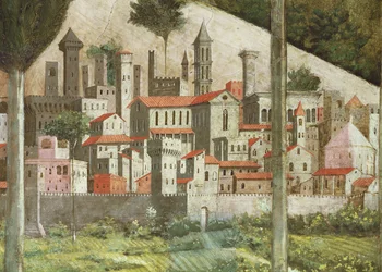 Middeleeuwse stad, detail uit de cyclus Reis van de Wijzen in de kapel, frescodetail, ca. 1460, 70610