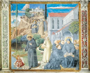 St. Augustinus geeft Regel aan monniken en spreekt met Kind Jezus over de Heilige Drie-eenheid (detail van verhalen van St. Augustinus)