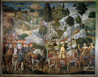 De reis van de Wijzen. Stoet van de Wijzen van Jeruzalem naar Bethlehem, landschap detail. Fresco van de oostmuur van de Kapel van de Wijzen van Benozzo Gozzoli
