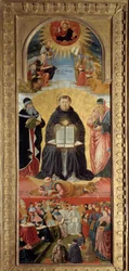 De triomf van Sint-Thomas van Aquino (1225-1274) wordt afgebeeld omringd door Plato (rechts) en Aristoteles, van wie hij de leerling is. Aan zijn voeten ligt Willem van Saint-Amour. Bovenaan Christus die de evangelisten zegent. Hieronder paus Sixtus IV (14