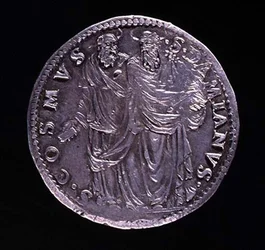 Keerzijde van zilveren munt met SS Cosimo en Damien die naar elkaar kijken. Opschrift: S. COSMVS S. DAMIANVS, geslagen 1532-1537