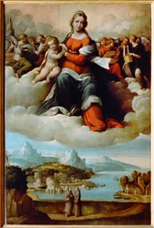 Madonna en kind in glorie met engelen (schilderij op hout)