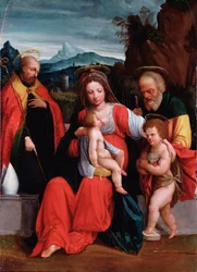 De heilige familie met St. Johannes de Doper als kind en een bisschop