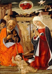 De geboorte van Christus, met de aankondiging aan de herders in de verte