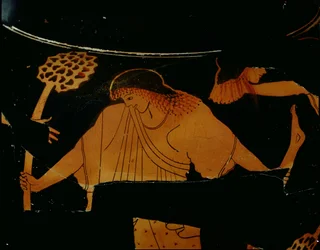 Attische roodfigurige stamnos versierd met een scène van een maenade die Pentheus verscheurt in een Dionysische offer, gevonden in Cerveteri, c.490-480 v.Chr. (keramiek)