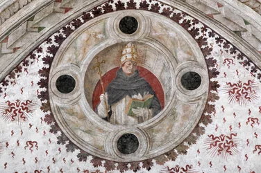 Voorstelling van een Dominicaanse paus (Innocentius V of Benedictus XI) Fresco door Bernardino Zenale en Bernardino Butinone