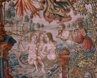 Vlaamse wandtapijt. Serie De Eerbewijzen. Roem. Derde wandtapijt in de serie. Model Cartonisten uit de kring van Bernard van Orley en Jan Gossaert (Mabuse). Manufacture Pieter van Aelst, Brussel. Ca 1550.