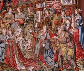 Vlaamse wandtapijt. Serie De Eerbewijzen. Gerechtigheid. Negende wandtapijt in de serie. Model Cartonisten uit de kring van Bernard van Orley en Jan Gossaert (Mabuse). Manufacture Pieter van Aelst, Brussel. Ca 1550.