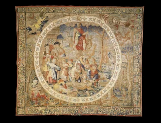 Brusselse allegorische wandtapijt die de maand december uit "De Medaillon Maanden" afbeeldt, c.1525