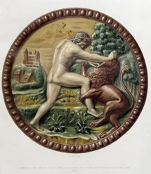Simson vecht met de leeuw - bas-reliëf in keramiek, in "The work of Bernard Palissy" door C. Delange en C. Borneman, Parijs
