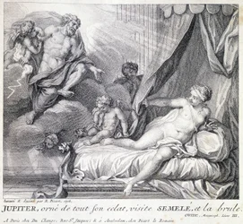 Jupiter (Zeus) verbrandt Semele met zijn bliksem. Gravure uit de 18e eeuw naar de tekening van B. Picart gemaakt in 1708.