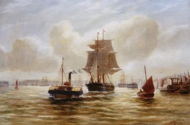 Stoomsleepboot sleept een schip bij de monding van de Tyne