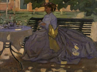 Zittende vrouw in een tuin, ca. 1910 (olieverf op cava)