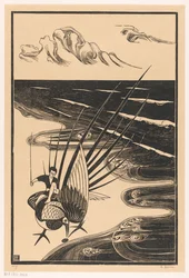 Figuur zittend op een fazant op het strand