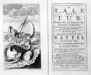 Frontispice en Titelpagina van A Tale of a Tub door Jonathan Swift, gegraveerd door John Sturt, 1704