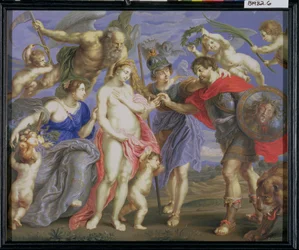 Mars geïntroduceerd door Minerva aan Occasion, vergezeld door Ceres, naar een schilderij van Peter Paul Rubens