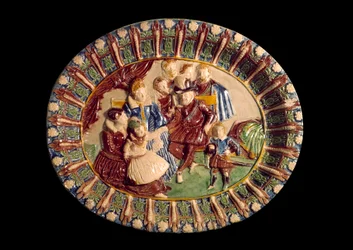 Schotel die Hendrik IV en zijn familie voorstelt. Keramiek in geglazuurd aardewerk door Bernard Palissy (1510-1589)