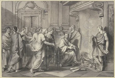 Een Romein werpt papieren rollen in het vuur in aanwezigheid van veel personen
