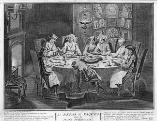 Jodendom: Feest van Pesach in de Joods-Portugese gemeenschap, gravure uit "Illustratie van ceremonies en religieuze gebruiken van alle volkeren ter wereld" door Bernard Picart (1723-1743) 1819