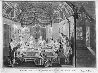 Jodendom: maaltijd voor het Joodse volk tijdens Soekot (loofhuttenfeest) Gravure uit “Illustratie van ceremonies en religieuze gebruiken van alle volkeren ter wereld” door Bernard Picart (1723-1743) 1819 Privécollectie