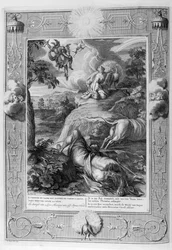 Io, de dochter van Inachus, en geliefde van Zeus, werd in een koe veranderd (gravure)