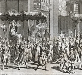 Plechtige Inauguratie van het Pontificaat: het verbranden van een doek) Gravure uit Illustratie de ceremonies et customs religieuses de tous les peuples du monde door Bernard Picart (1723-1743) 1819 Privécollectie