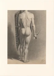 Mannelijk naakt met zwaard en schild, op de rug gezien