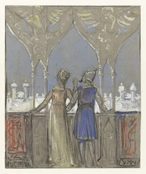 Paar uitkijkend over oosterse stad