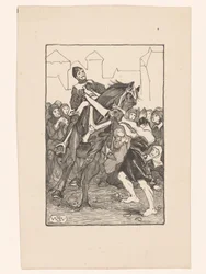 Man houdt wild paard vast op druk plein