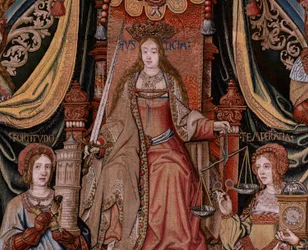 Vlaamse wandtapijt. Serie De Eerbewijzen. Gerechtigheid. Negende wandtapijt in de serie. Model Cartonisten uit de kring van Bernard van Orley en Jan Gossaert (Mabuse). Fabriek Pieter van Aelst, Brussel. Ca 1550.