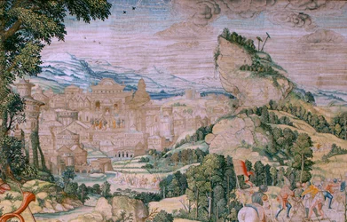 Vlaamse wandtapijt. Serie De Passie van Christus. Val op weg naar Calvarie. Tweede wandtapijt in de serie. Model Cartonist Bernard van Orley. Fabrikant Pieter de Pannemaker, Brussel. Ca 1518-1523.