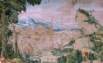 Vlaamse wandtapijt. Serie De Passie van Christus. Val op weg naar Calvarie. Tweede wandtapijt in de serie. Model Cartonist Bernard van Orley. Fabrikant Pieter de Pannemaker, Brussel. Ca 1518-1523.