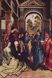 Preek van Sint-Ambrosius buiten: twee staande heilige bisschoppen