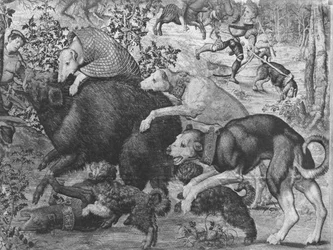 De Jachten van Maximiliaan, Steenbok, De Zwijnenjacht, detail van honden die het zwijn aanvallen, Gobelins Fabriek