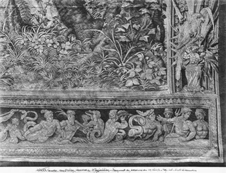 De Jachten van Maximiliaan, Tweelingen, De Hertenjacht, de Vergadering, Gobelins Fabriek (detail)