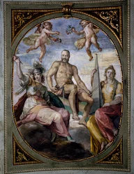 Allegorische voorstelling van Cosimo I, fresco, door Bernardino Poccetti. Plafond van de Sala di Bona, Pitti Paleis, Florence, Italië