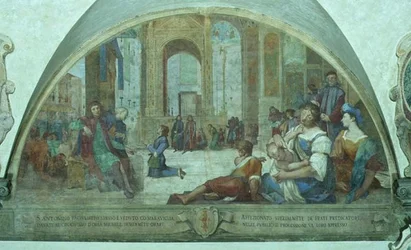 De jonge St. Antonius die bidt voor het kruis in het stadsplein