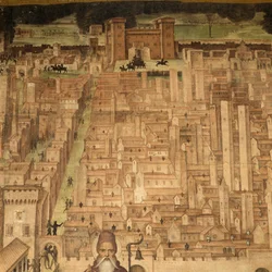 St. Antonius en uitzicht op Pavia, detail uit Verhalen van St. Theodoor cyclus, fresco