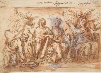 Allegorische Figuren: Kracht, Hercules die de Hydra Wurgt, Overvloed en Roem, 1600-1650