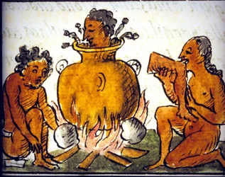 Ritueel kannibalisme bij de Azteken. Manuscript van Bernardino de Sahagún. 17e eeuw. Detail van COS00778.