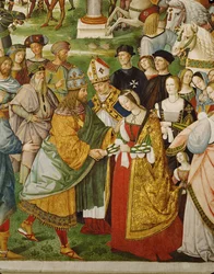 Aeneas Silvius Piccolomini, destijds bisschop van Siena, presenteert keizer Friedrich III aan zijn bruid, Eleanor van Portugal (fresco)