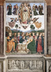 Tenhemelopneming van Maria - De Maagd is afgebeeld in een mandorla - Fresco van Pinturicchio (Bernardino di Betto) (1454-1513), 1484-1492, Rome, Basilica di Santa Maria del Popolo, kapel Basso della Rovere, Italië