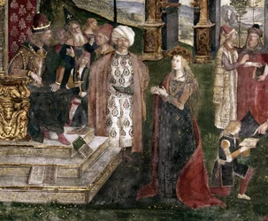 Detail van het dispuut van de heilige Catharina van Alexandrië met de filosoof voor de Romeinse keizer Maxentius