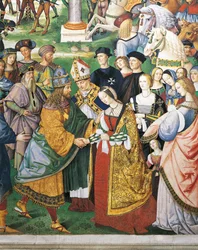 Italië, Siena, kathedraal, Piccolomini-bibliotheek, Enea Silvio Piccolomini, bisschop van Siena, aanwezig bij de kroning van Frederik III en Eleonora van Aragon, detail uit de Geschiedenissen van Pius II