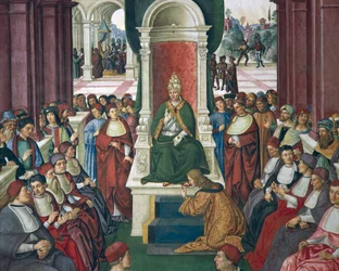 Italië, Siena, Kathedraal, Piccolomini Bibliotheek, Enea Silvio Piccolomini in daad van onderwerping aan Paus Eugenius IV, detail uit Verhalen van Pius II