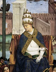 Italië, Siena, Kathedraal, Piccolomini Bibliotheek, Pius II aankomend in Ancona om kruistocht te bespoedigen, detail uit Verhalen van Pius II