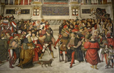 Italië, Toscane, Siena, kathedraal, de Duomo: De kroning van Pius II (1405-1464)