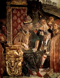 De disputatie van de heilige Catharina van Alexandrië met filosofen voor de Romeinse keizer Maximianus Hercules, detail van Cesare Borgia