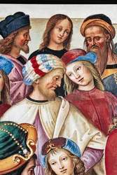 Piccolomini Bibliotheek, noordoostelijke muur: Aeneas Sylvius houdt een redevoering voor Koning Jacobus I van Schotland, winter 1435
