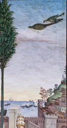 De Piccolomini Bibliotheek, zuidwestmuur: "Pius II zegent de vloot die op het punt staat te vertrekken uit Ancona naar het Heilige Land"